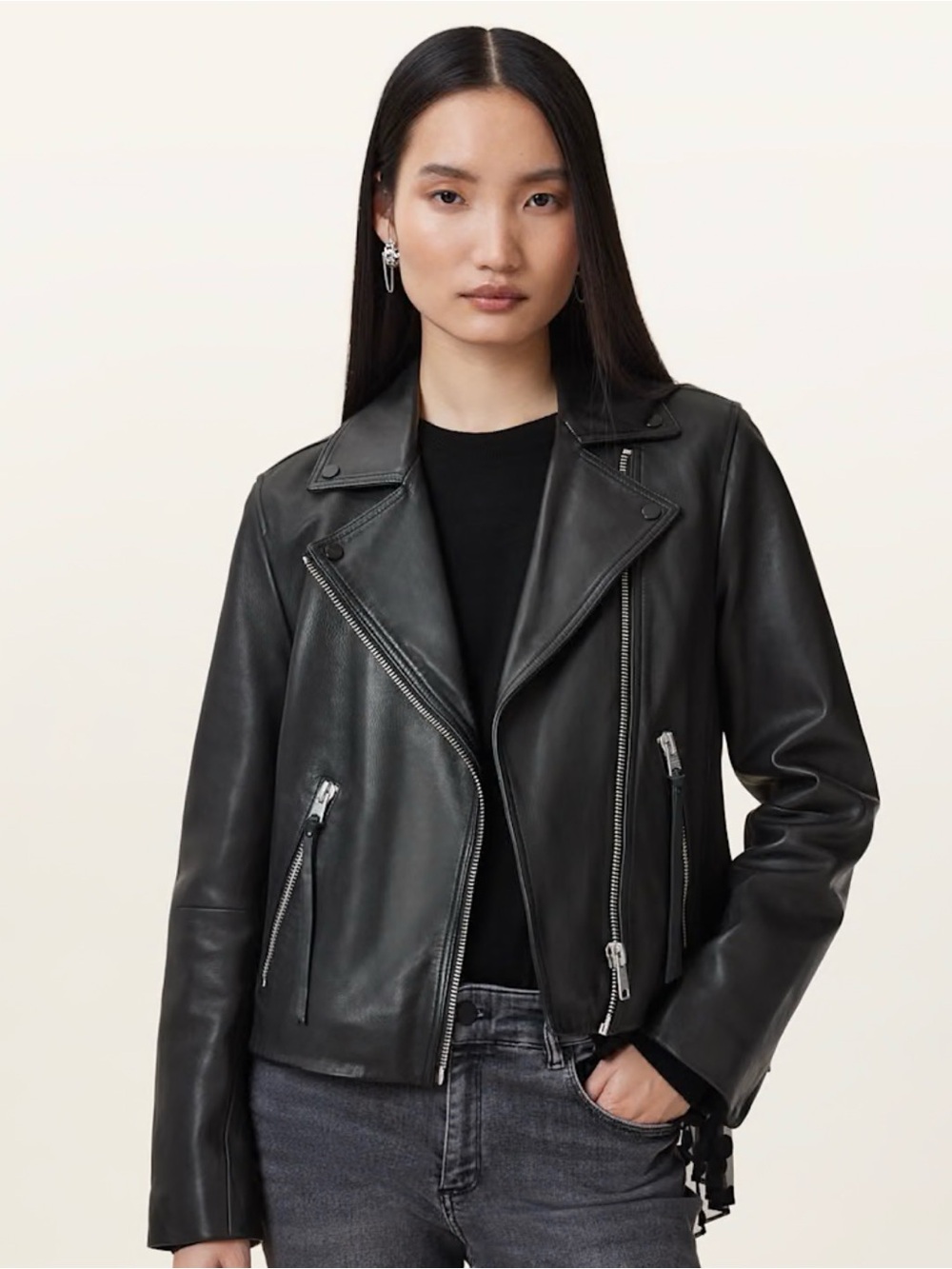 AllSaints Dalby Black Leather Jacket in Size 4